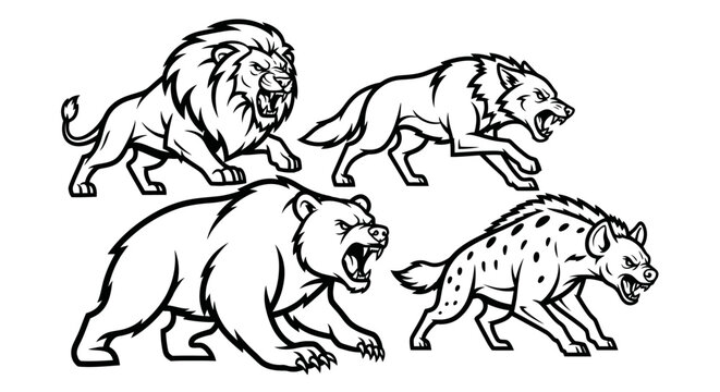 Line art illustrations of fierce lion bear hyena and wolf creatures ready to attack