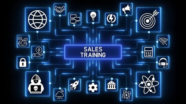 Sales training, business development and financial growth concept on virtual screen. Abstract technology symbols on a blue background.4k Animation.