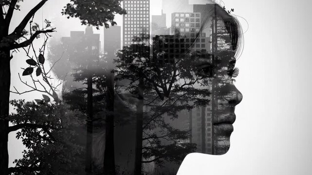 Double exposure of a woman face blended with trees and city buildings symbolizing nature and urban life balance