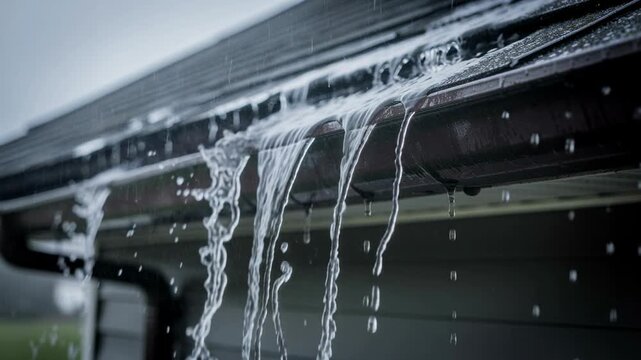 Close up of overflowing rain gutter with water pouring down during heavy rainfall on house roof