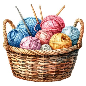 A wicker basket filled with colorful yarn balls and knitting needles