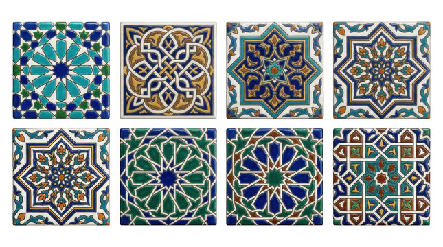 Colorful geometric abstract mandala patterns with dots and lines isolated on transparent background