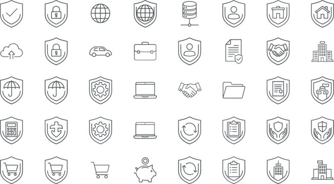 Comprehensive Cybersecurity and Data Protection Line Icon Set Featuring Security Shields Network Safety and Business Insurance