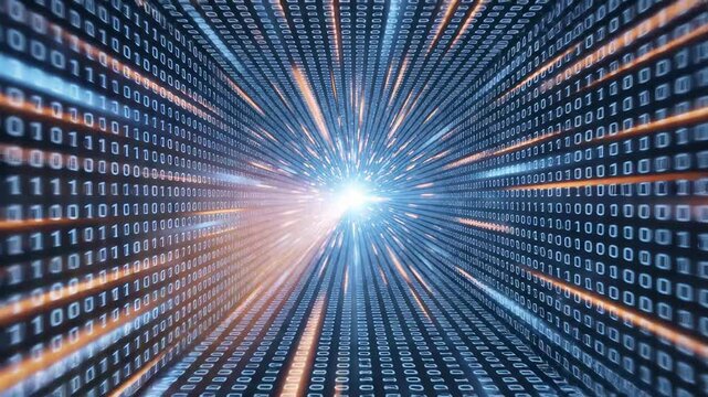 Digital binary tunnel with light streaks symbolizing digital transformation and future innovation