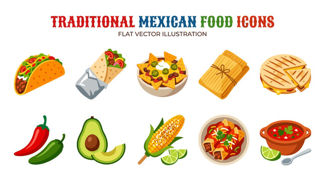 Mexican Food Symbols with Taco Burrito Nacho Tamale Quesadilla Chili Avocado Corn and Salsa