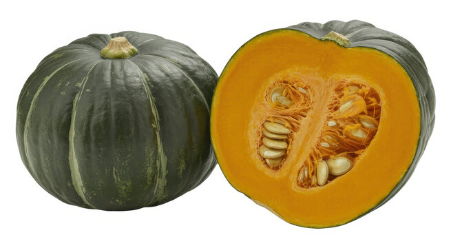 Whole dark green kabocha squash and one cut half showing bright orange flesh and seeds inside