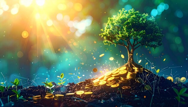 Finance and money technology background concept of business prosperity and asset management . Creative graphic show economy and financial growth by investment in valuable asset to gain wealth profit .