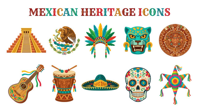 Mexican Heritage Symbols with Pyramid Eagle Headdress Jaguar Mask Calendar Guitar Drum Sombrero Skull and Pinata