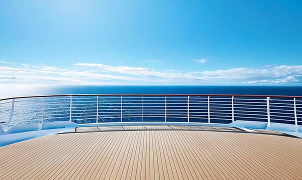 Cruise ship deck railing overlooking blue ocean and sky with clouds.