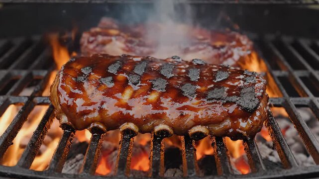 Grilled meat with flames and smoke for appetizing food commercials and menu design