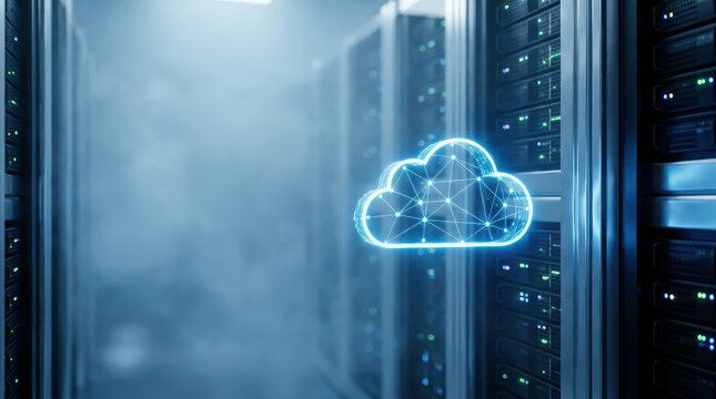 Cloud computing concept with enterprise solutions symbol glowing in data center server room with digital network connection and foggy atmosphere