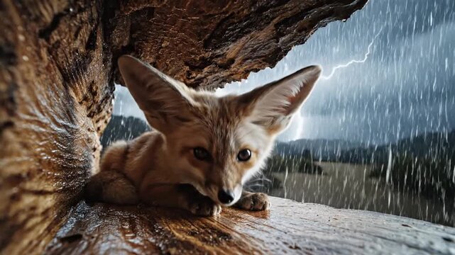 Cute fennec fox cub resting in tree hollow during rain