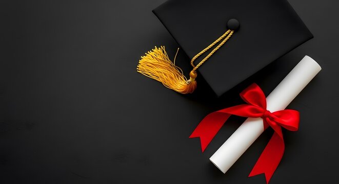 Graduation cap and diploma on black background scroll
