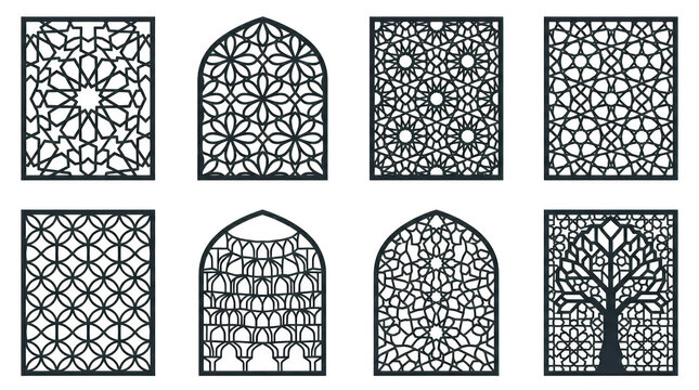 Collection of intricate black and white lace patterns and window designs isolated on transparent background