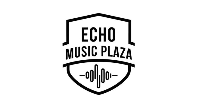 Black and white shield shaped logo with text and sound wave graphic
