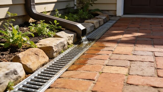 Modern house drainage system along brick driveway with stone landscaping and metal grate channel, managing rainwater runoff efficiently in clean residential exterior yard design.