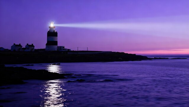 Black and white striped lighthouse shining light across calm sea at purple dusk with rocky coastline small houses beautiful moody seascape