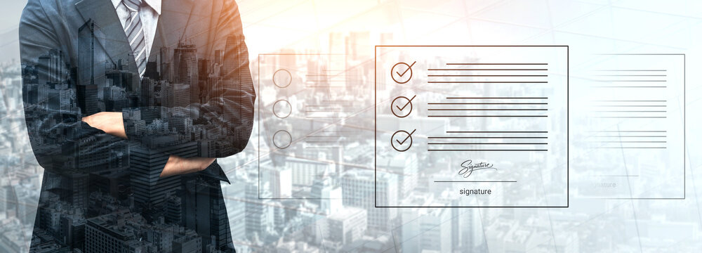 A businessman stands confidently with arms crossed in front of urban skyline and documents, conveying professionalism and success in the corporate environment. Cyphers