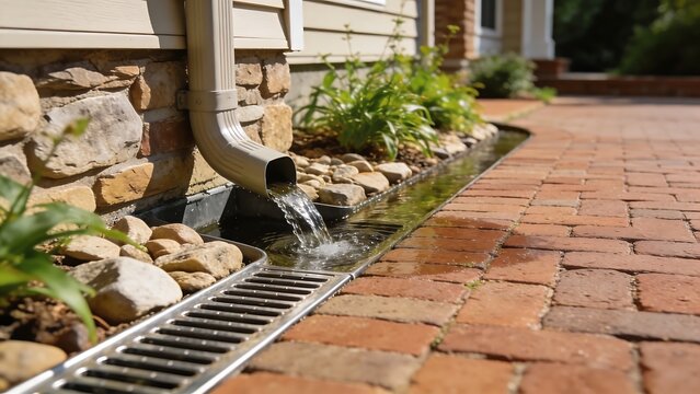 Modern house drainage system along brick driveway with stone landscaping and metal grate channel, managing rainwater runoff efficiently in clean residential exterior yard design.