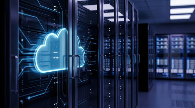 Cloud computing enterprise solutions concept with glowing cloud icon and server racks in data center room for digital technology and network infrastructure