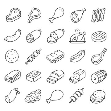 Hand-drawn meat icon set featuring various cuts and meat products.