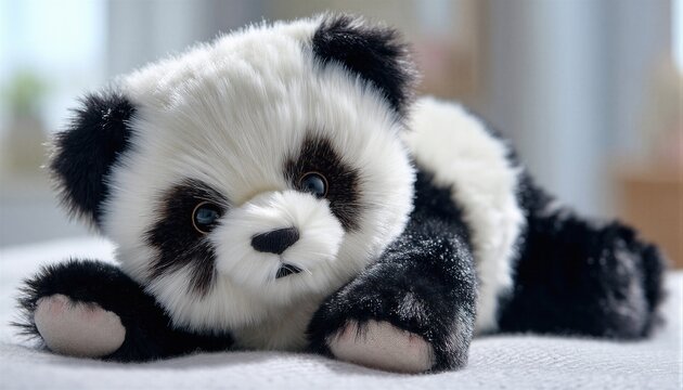 A close-up portrait of a fluffy panda cub lying on a soft surface.