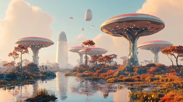 Futuristic mushroom forest, sunrise, alien landscape, peaceful scene, game asset