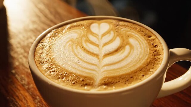 Coffee cup with latte art on wooden table highlighting premium dining and culinary arts