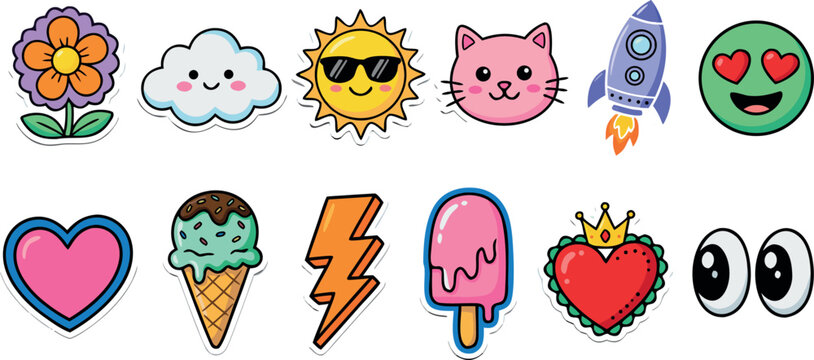 Colorful retro cartoon sticker set featuring cute sun cloud flower ice cream cat and pop culture icons.