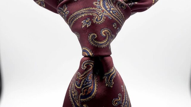 Studio Product Shot Maroon Paisley Tie Closeup Showing Silk Texture And Classic Knot Against Seamless White Background, Elegant Lighting Highlights Ornate Paisley Pattern And Rich Burgundy Tones,