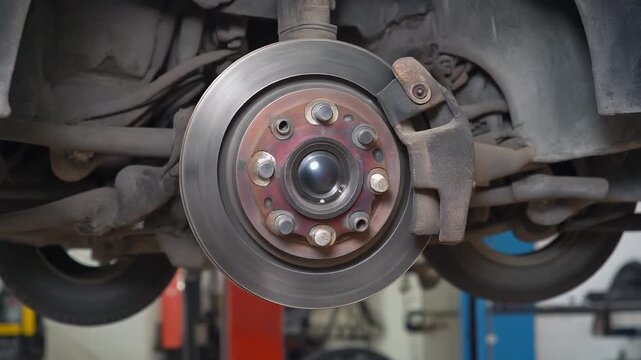 Car brake disc and caliper assembly on lifted vehicle in garage
