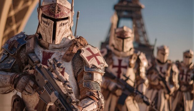 A group of knights in full armor stand guard in front of the Eiffel Tower, blending medieval and modern elements.