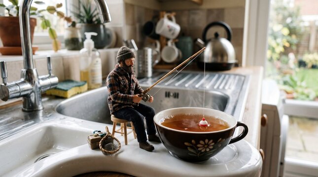 Miniature bearded fisherman fishing in a steaming tea cup dreamlike scene
