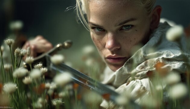 A close-up portrait of a determined woman holding a sword amidst a field of wildflowers.