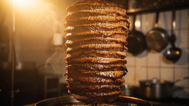 Delicious sizzling stacked meat on vertical rotisserie with steam in professional kitchen setting