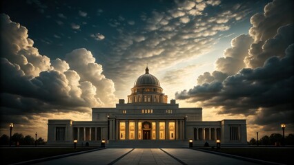 Obraz premium Majestic neoclassical building illuminated at dusk under dramatic, cloud-filled sky with golden light reflections.