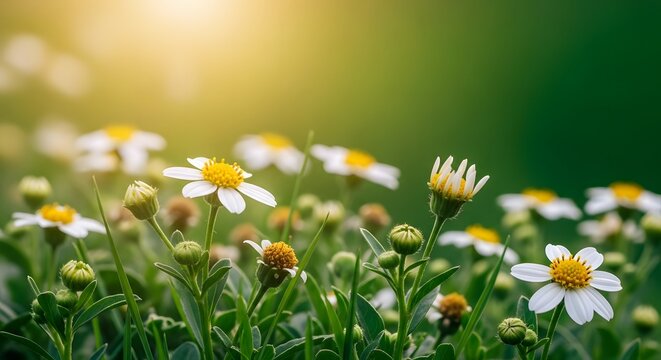 White daisies with yellow centers in a field of green grass and buds