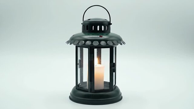 Antique Black Lantern with Glass Panels and Warm Inner Candlelight Glow