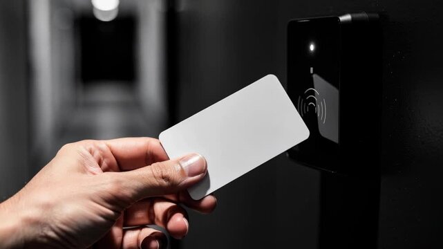Hand holding key card accessing modern electronic door lock security system in dark hallway