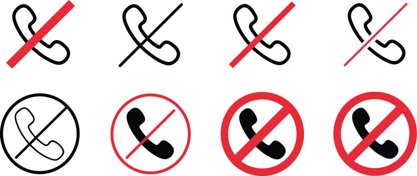 Phone calling not allowed symbol set, call ban sign, off the phone warning icon, noise is forbidden label, prohibition sticker for restricted area places, clean minimal vector