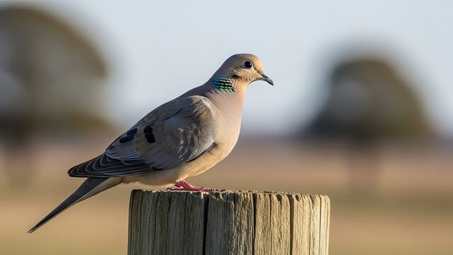 A mourning dove perched on a wooden post outdoors in a field