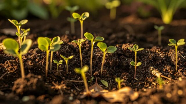 Close-up of young green seedlings sprouting from rich soil in natural garden environment