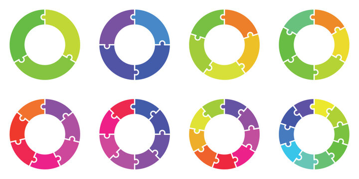 Colorful circular puzzle infographic set with 8 vector diagrams, multi-step process cycle charts for business presentations, vibrant round jigsaw ring elements for workflow visualization