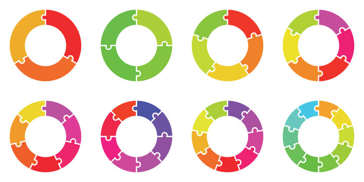 Colorful circular puzzle diagram set with 8 vector icons, multi-step process infographics for business presentations, vibrant round jigsaw cycle charts for workflow and data visualization