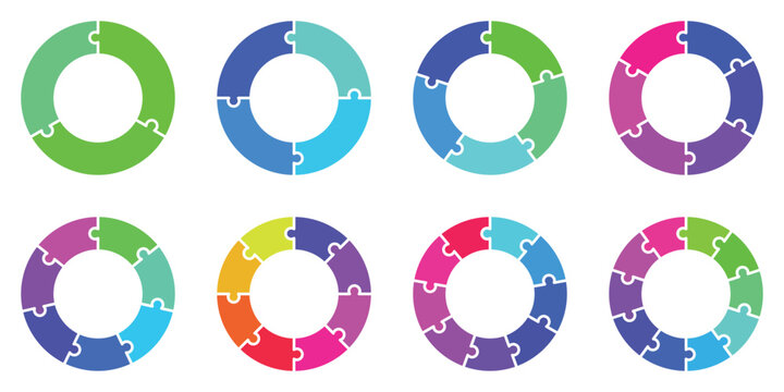 Circular puzzle infographic set with 8 colorful ring diagrams, multi-step process charts for business presentations, round jigsaw cycle icons for workflow and project management visualization