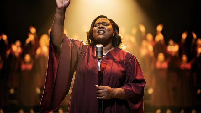 Powerful gospel choir woman singing passionately with microphone on stage in vibrant worship service