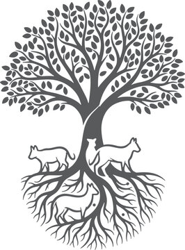 Gray tree with roots and wolves isolated on white background