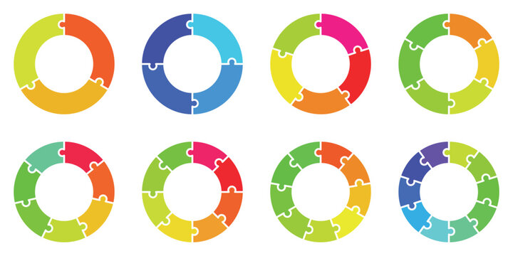 Colorful circular puzzle diagram set with 8 vector icons, multi-step process infographics for business presentations, rainbow jigsaw cycle charts for workflow and project management data