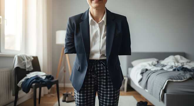 A surreal conceptual shot of a person wearing a professional navy blue business blazer with casual pajama pants, standing in a messy bedroom, depicting remote work-life balance humor.