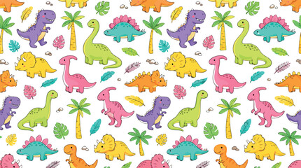 Colorful seamless pattern with cute cartoon dinosaurs including tyrannosaurus triceratops and tropical palm tree leaves. © MdMojnu
